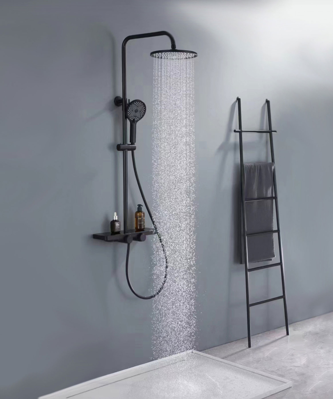 Colonne de douche noire avec mitigeur - Pommeau pluie, tablette et douchette réglable