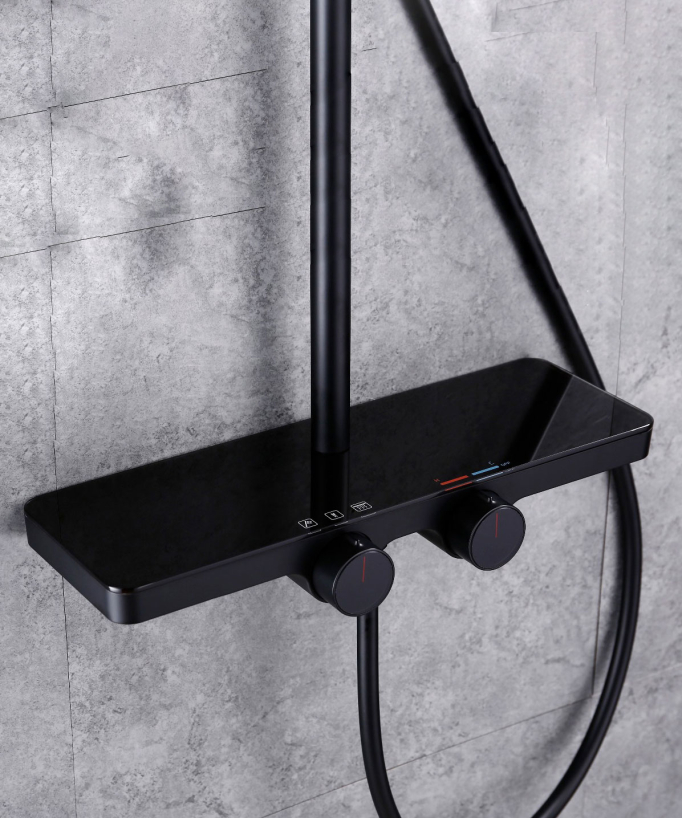 Colonne de douche noire avec mitigeur - Pommeau pluie, tablette et douchette réglable