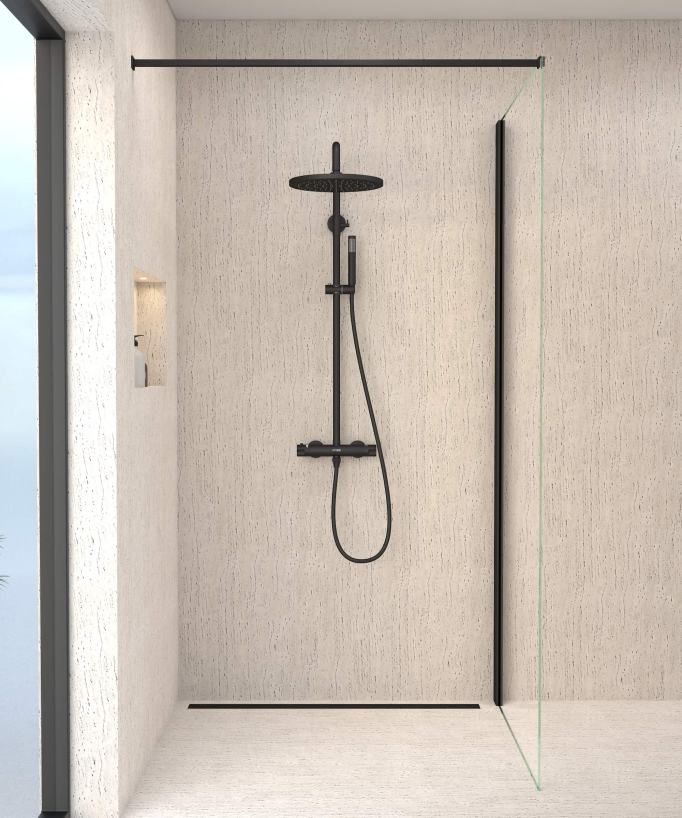 Colonne de douche thermostatique noir, pommeau pluie et support douchette réglable - Corbeau