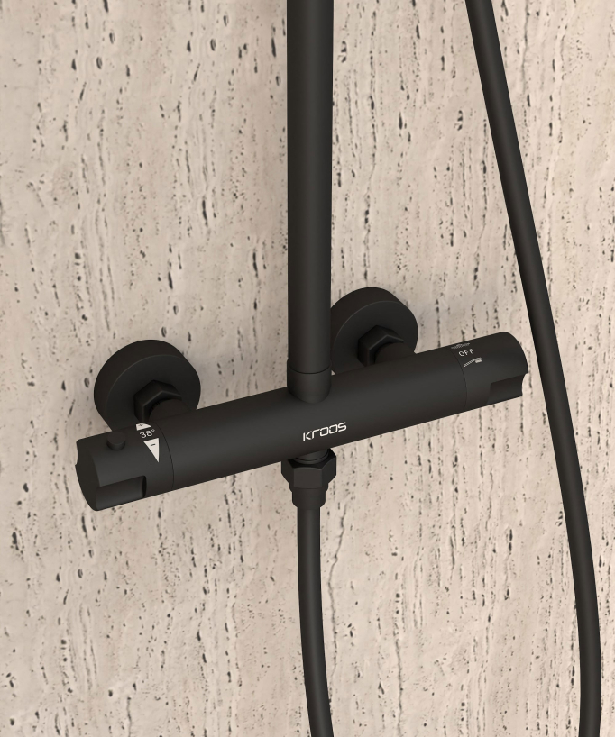 Colonne de douche thermostatique noir, pommeau pluie et support douchette réglable - Corbeau