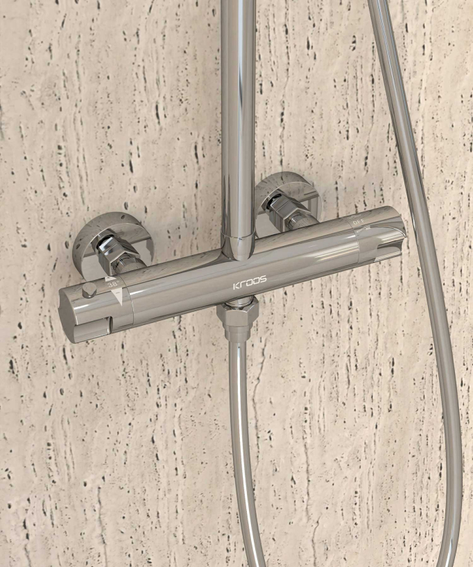 Colonne de douche thermostatique chromée, pommeau pluie et support douchette réglable - Corbeau