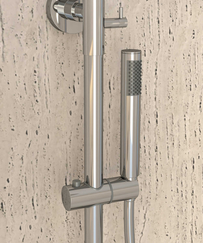 Colonne de douche thermostatique chromée, pommeau pluie et support douchette réglable - Corbeau