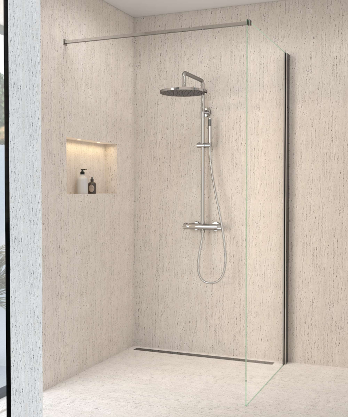 Colonne de douche thermostatique chromée, pommeau pluie et support douchette réglable - Corbeau