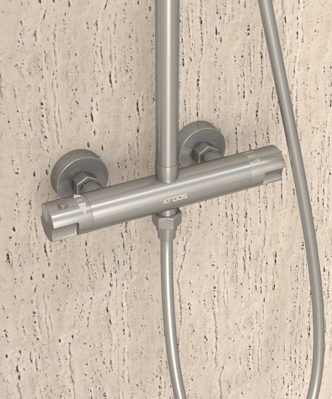 Colonne de douche thermostatique nickel brossé, pommeau pluie et support douchette réglable - Corbeau