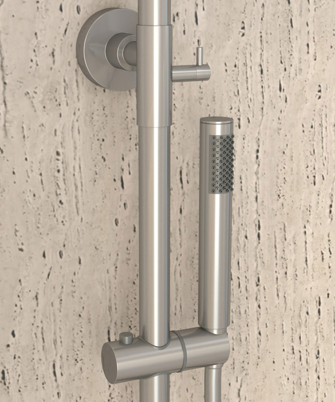 Colonne de douche thermostatique nickel brossé, pommeau pluie et support douchette réglable - Corbeau