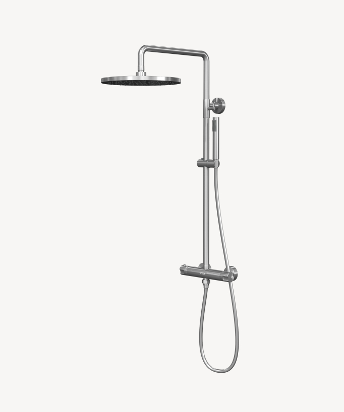 Colonne de douche thermostatique murale nickel brossé de forme ronde, collection Corbeau
