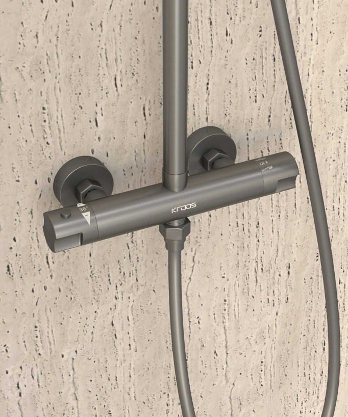 Colonne de douche thermostatique gun métal, pommeau pluie et support douchette réglable - Corbeau