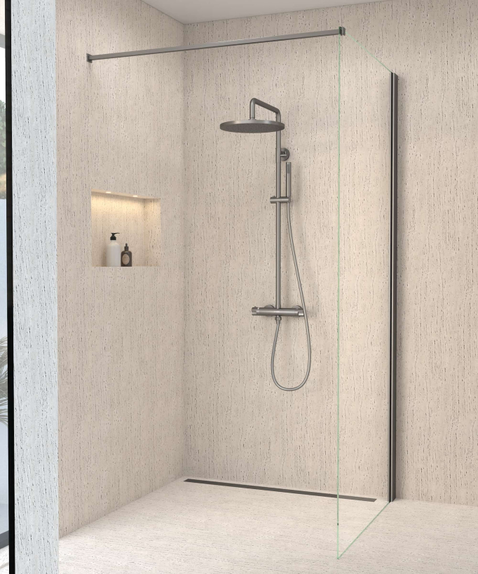 Colonne de douche thermostatique gun métal, pommeau pluie et support douchette réglable - Corbeau
