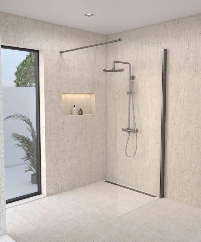 Colonne de douche thermostatique gun métal, pommeau pluie et support douchette réglable - Corbeau