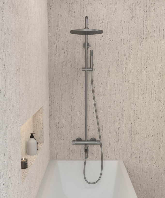 Colonne bain douche thermostatique gun métal avec sécurité anti-brûlures - Corbeau