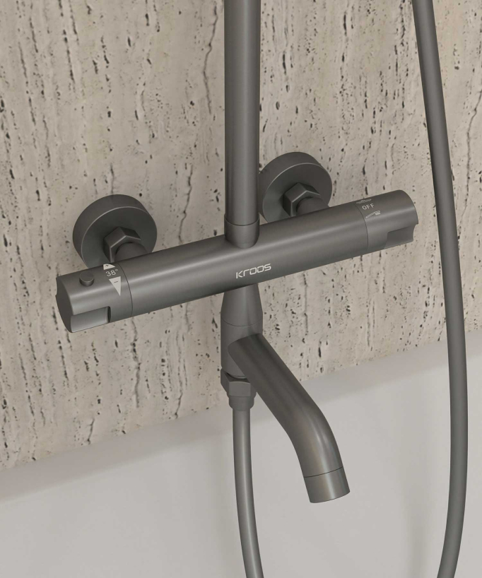 Colonne bain douche thermostatique gun métal avec sécurité anti-brûlures - Corbeau