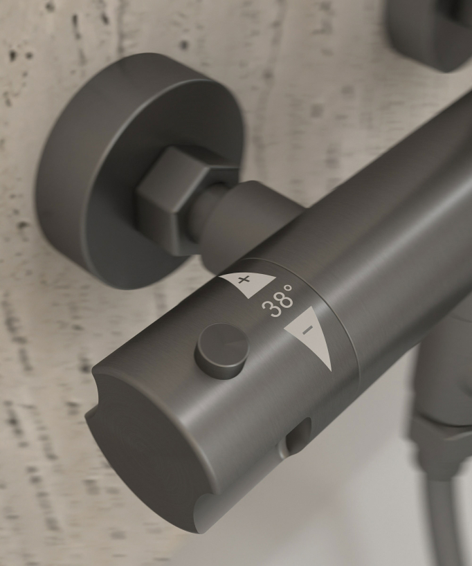 Colonne bain douche thermostatique gun métal avec sécurité anti-brûlures - Corbeau