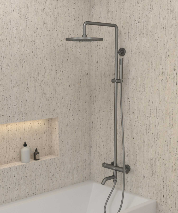 Colonne bain douche thermostatique gun métal avec sécurité anti-brûlures - Corbeau