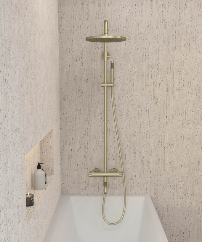 Colonne bain douche thermostatique doré brossé avec sécurité anti-brûlures - Corbeau