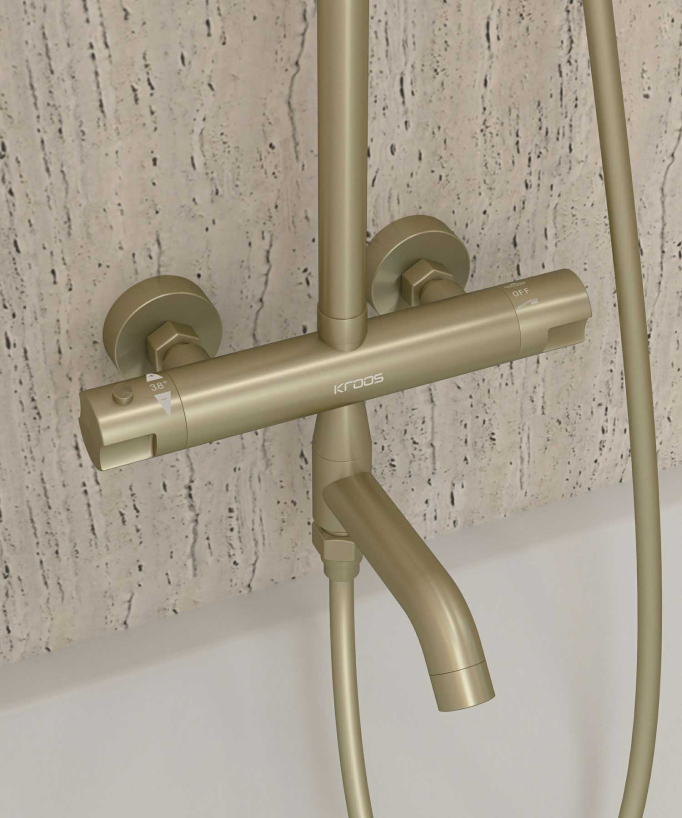 Colonne bain douche thermostatique doré brossé avec sécurité anti-brûlures - Corbeau