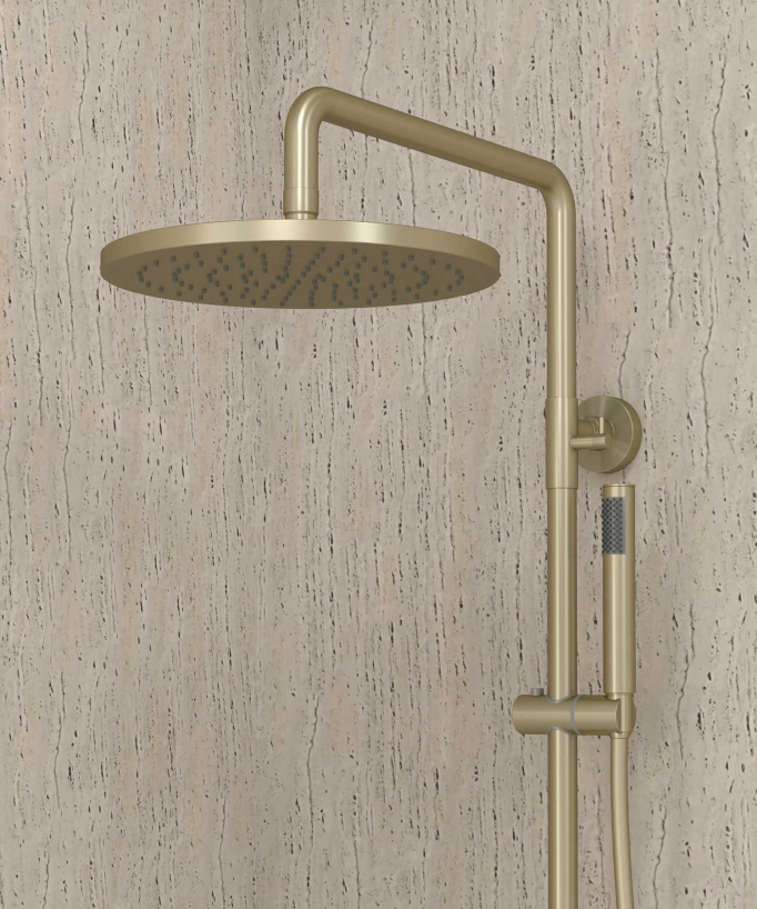Colonne bain douche thermostatique doré brossé avec sécurité anti-brûlures - Corbeau