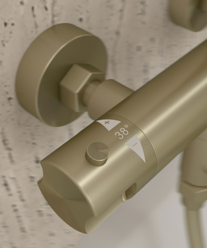 Colonne bain douche thermostatique doré brossé avec sécurité anti-brûlures - Corbeau