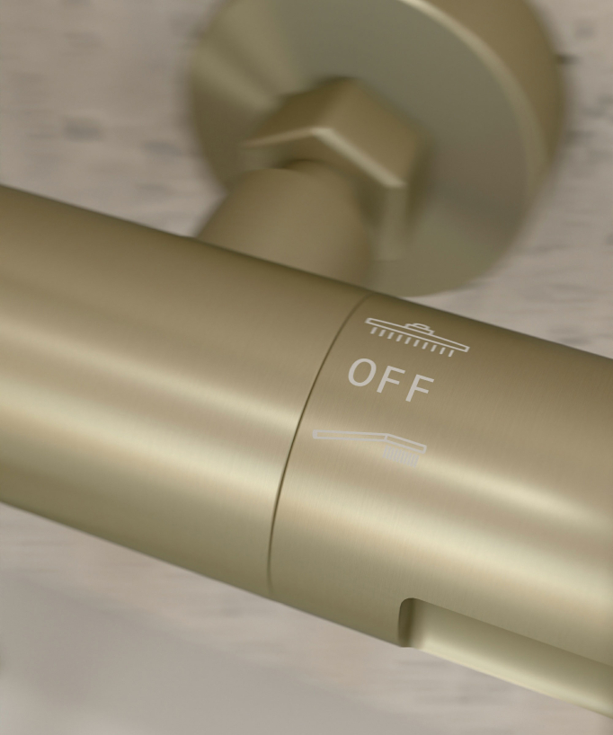 Colonne bain douche thermostatique doré brossé avec sécurité anti-brûlures - Corbeau