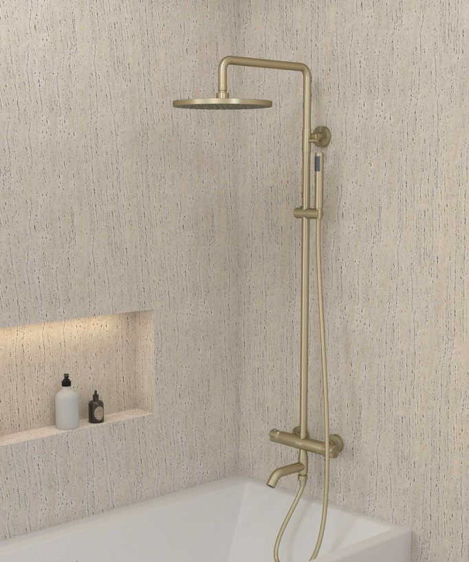 Colonne bain douche thermostatique doré brossé avec sécurité anti-brûlures - Corbeau