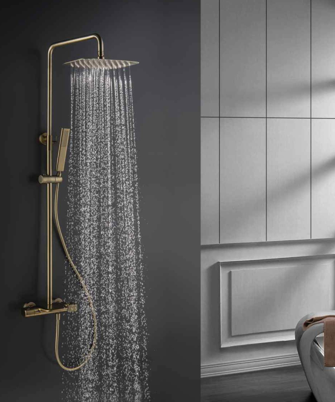 Colonne de douche thermostatique pour baignoire avec bec cascade- Doré brossé