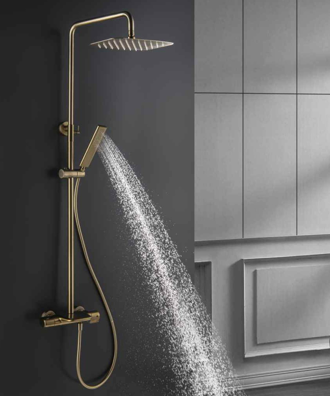 Colonne de douche thermostatique pour baignoire avec bec cascade- Doré brossé