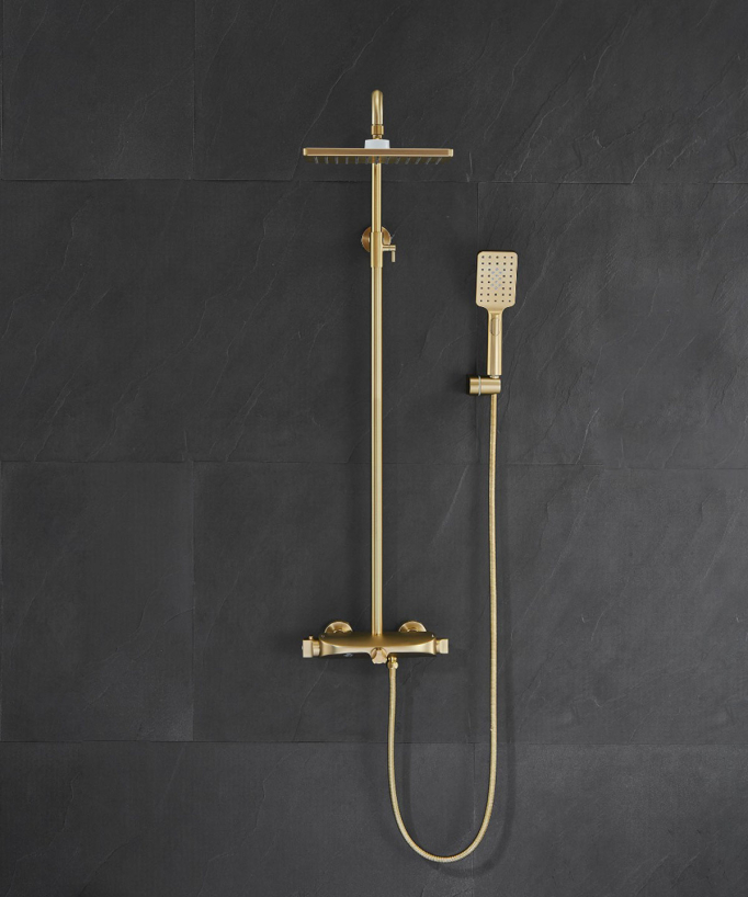 Colonne bain douche thermostatique doré brossé, pommeau extra plat