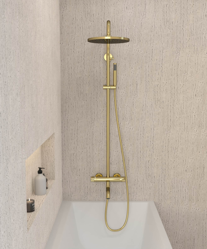 Colonne bain douche thermostatique doré avec sécurité anti-brûlures - Corbeau