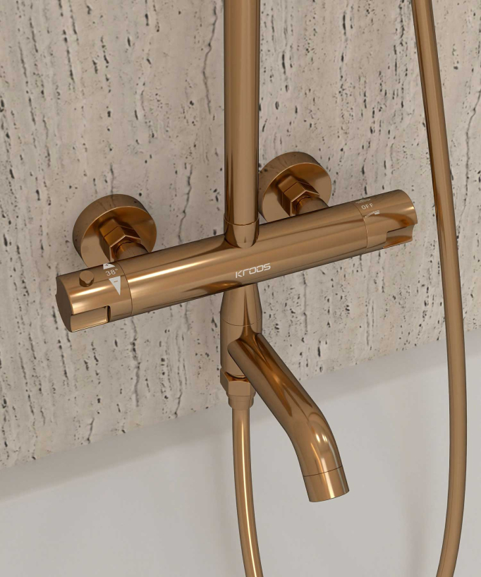 Colonne bain douche thermostatique or rose avec sécurité anti-brûlures - Corbeau