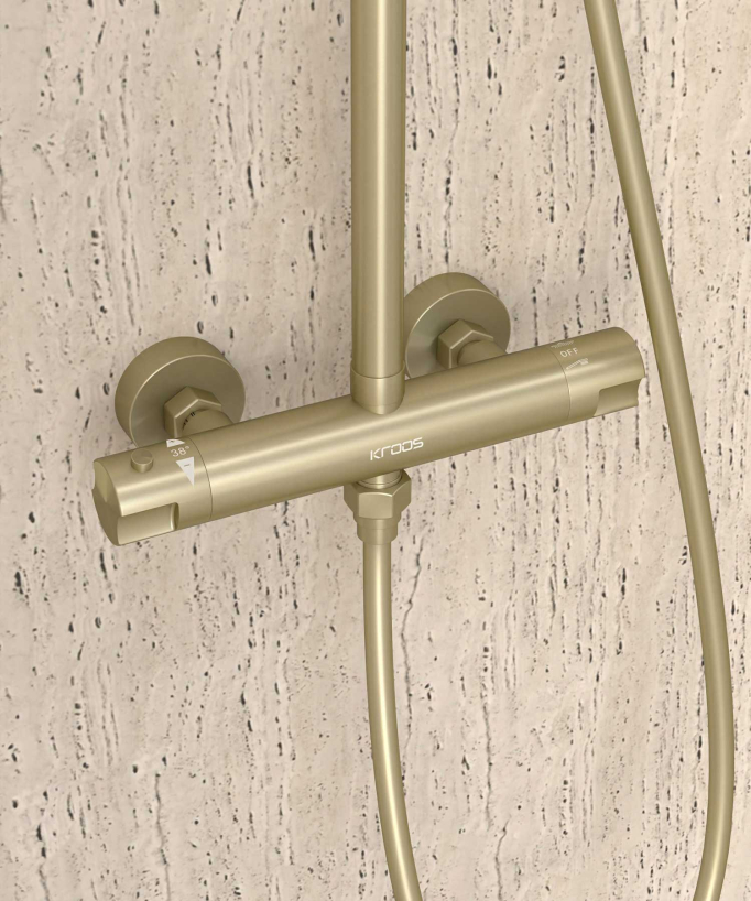 Colonne de douche thermostatique doré brossé, pommeau pluie et support douchette réglable - Corbeau