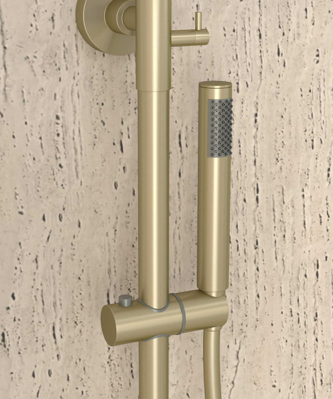 Colonne de douche thermostatique doré brossé, pommeau pluie et support douchette réglable - Corbeau