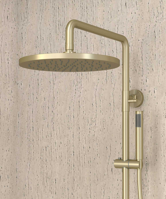 Colonne de douche thermostatique doré brossé, pommeau pluie et support douchette réglable - Corbeau