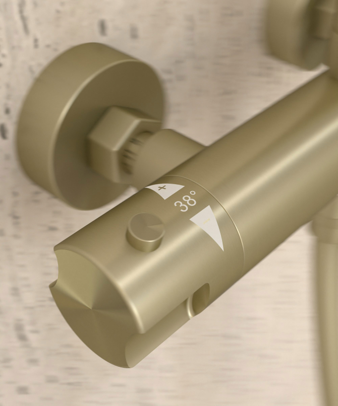 Colonne de douche thermostatique doré brossé, pommeau pluie et support douchette réglable - Corbeau