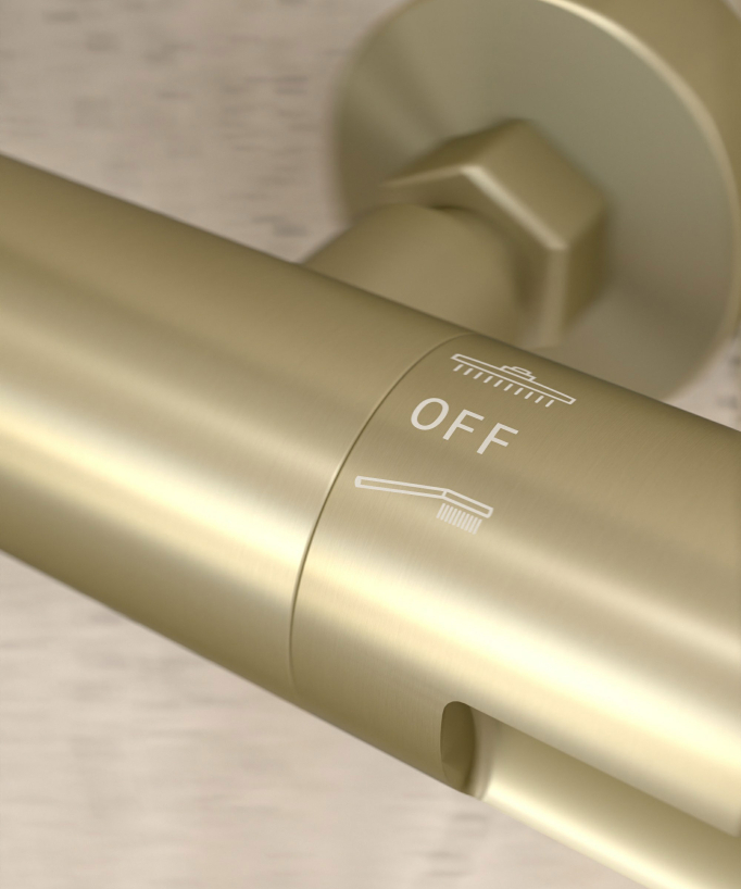 Colonne de douche thermostatique doré brossé, pommeau pluie et support douchette réglable - Corbeau