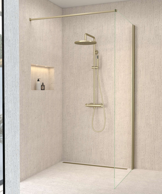 Colonne de douche thermostatique doré brossé, pommeau pluie et support douchette réglable - Corbeau