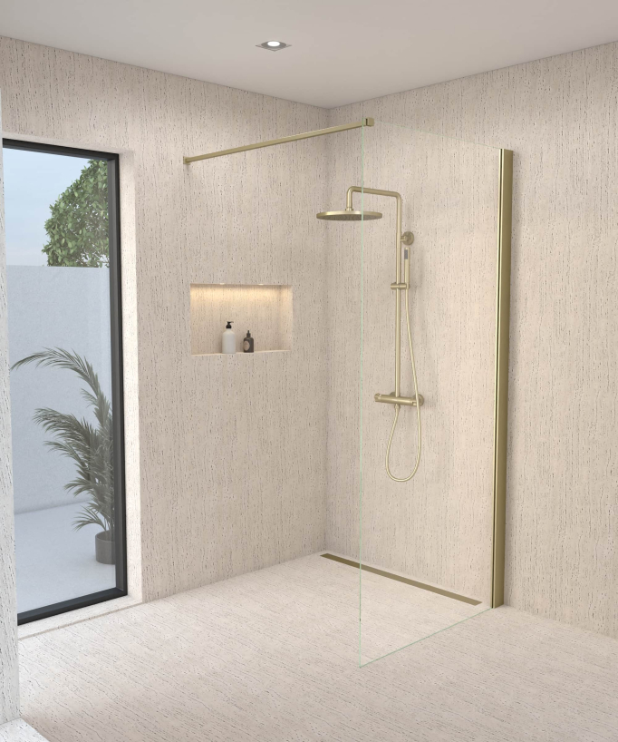 Colonne de douche thermostatique doré brossé, pommeau pluie et support douchette réglable - Corbeau