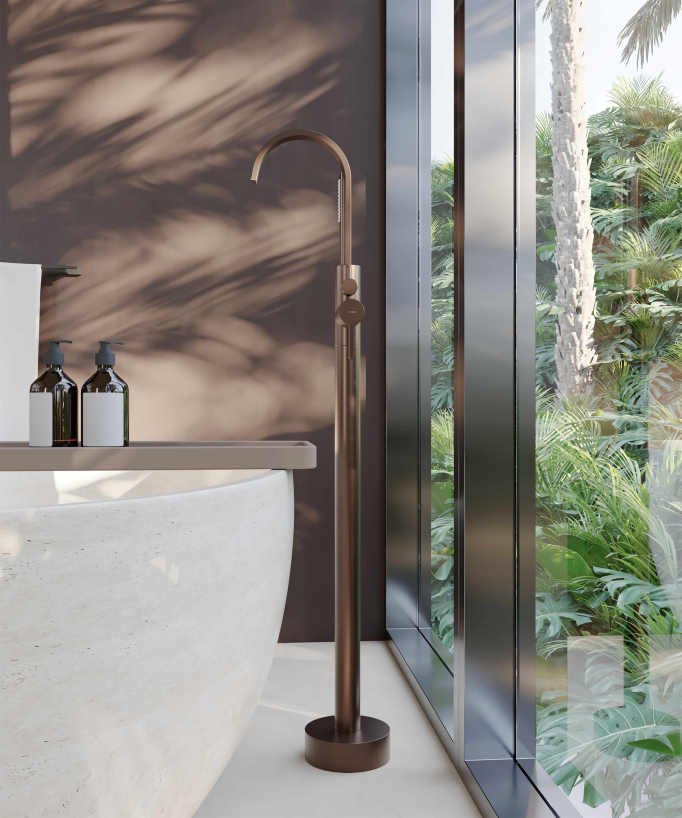 Robinet mitigeur de bain & douche au sol Or rose brossé - Fiumina