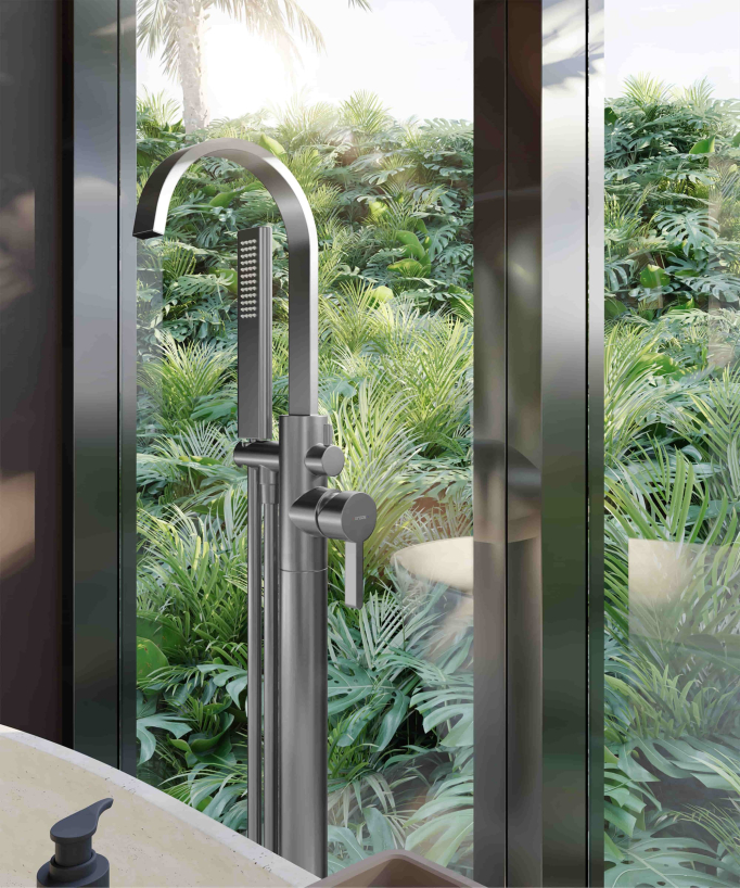Robinet mitigeur de bain & douche au sol Gun métal - Fiumina
