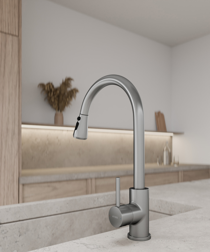Robinet mitigeur de cuisine avec douchette extractible - Nickel brossé