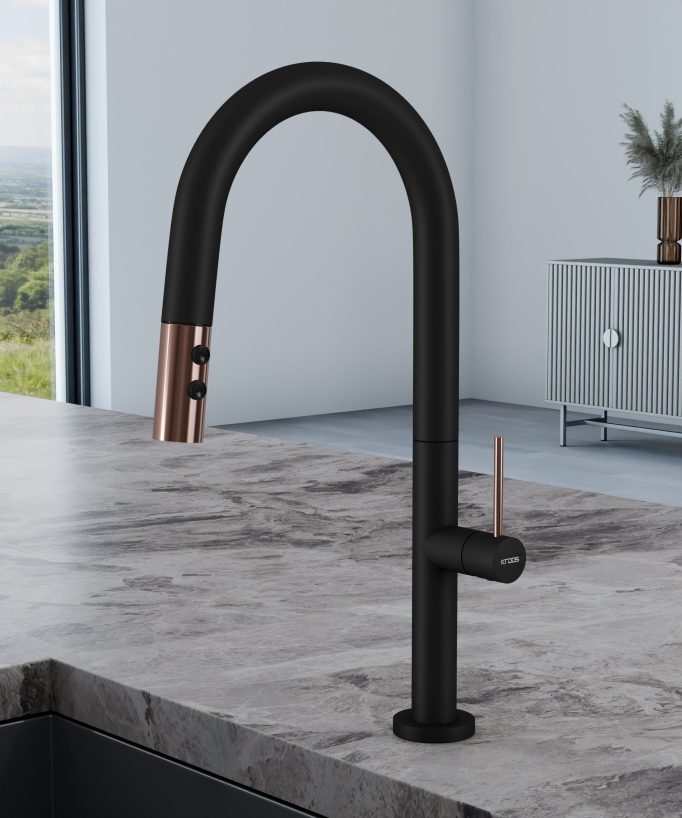 Mitigeur évier moderne avec douchette extractible - Noir et Or rose