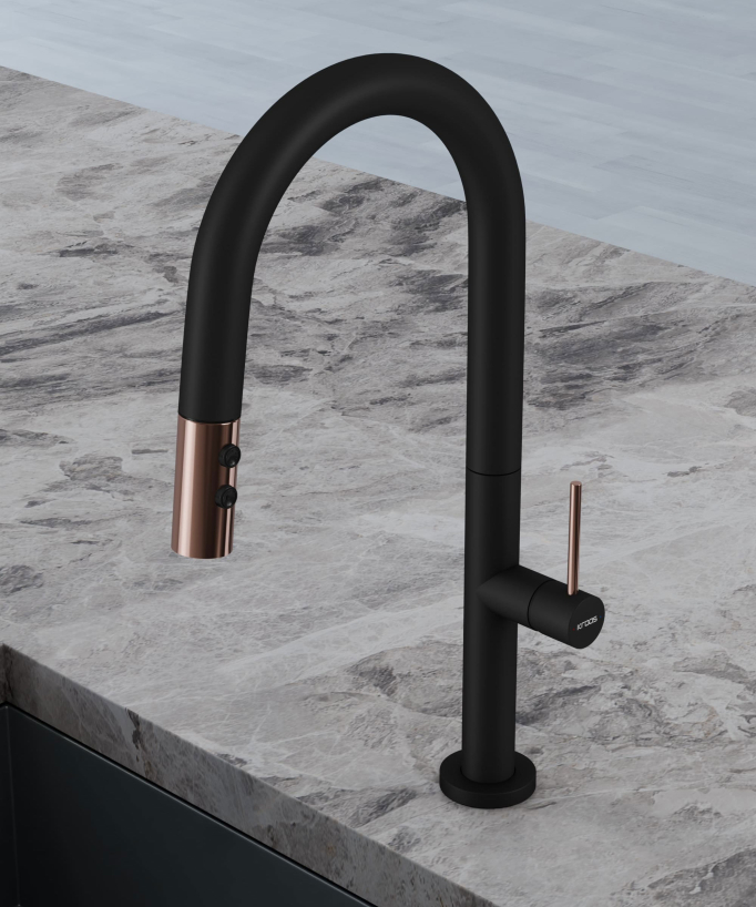 Mitigeur évier moderne avec douchette extractible - Noir et Or rose