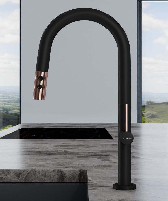 Mitigeur évier moderne avec douchette extractible - Noir et Or rose