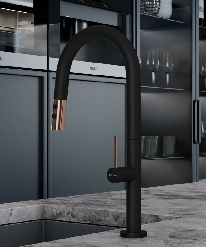 Mitigeur évier moderne avec douchette extractible - Noir et Or rose