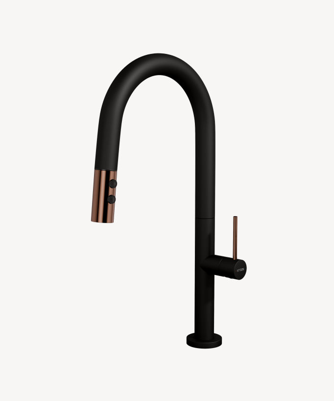 Mitigeur évier moderne avec douchette extractible - Noir et Or rose