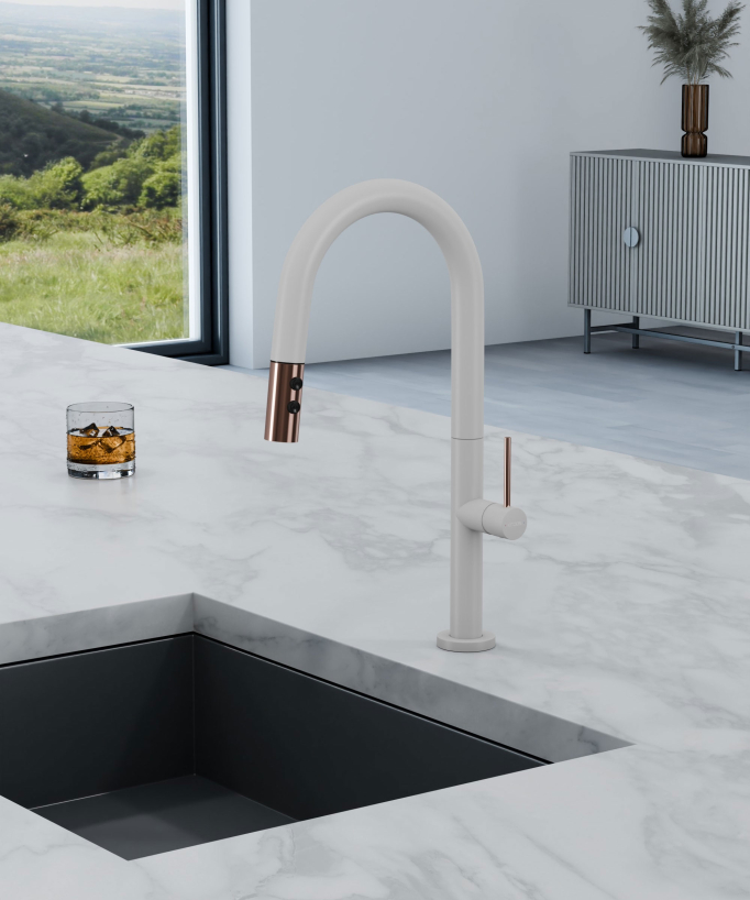 Mitigeur évier moderne avec douchette extractible - Blanc, Or rose