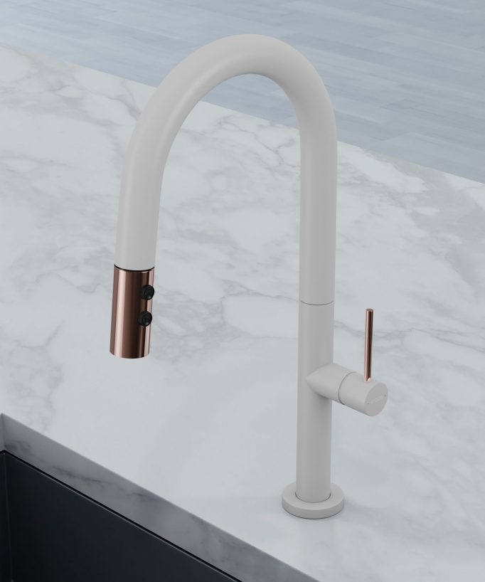 Mitigeur évier moderne avec douchette extractible - Blanc, Or rose