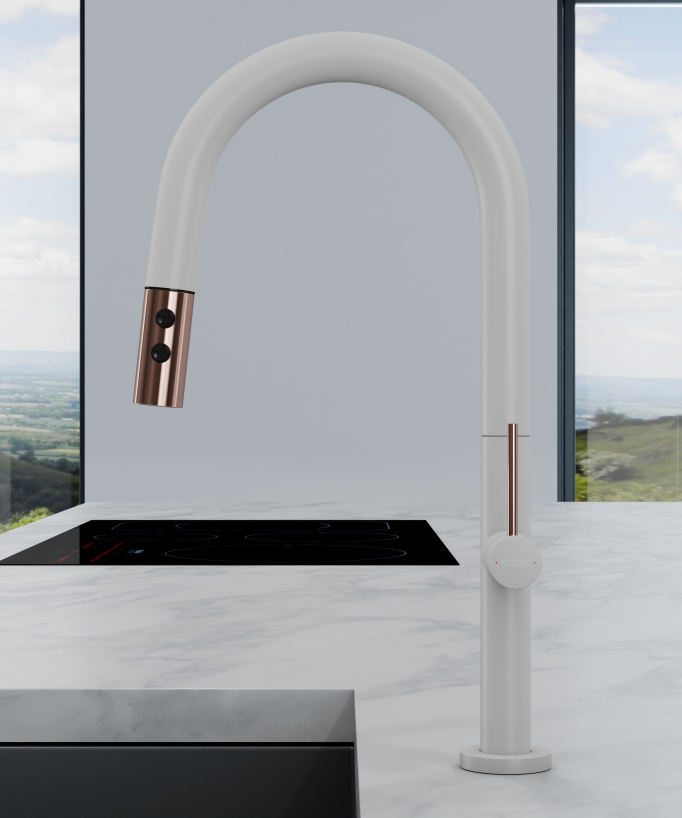 Mitigeur évier moderne avec douchette extractible - Blanc, Or rose