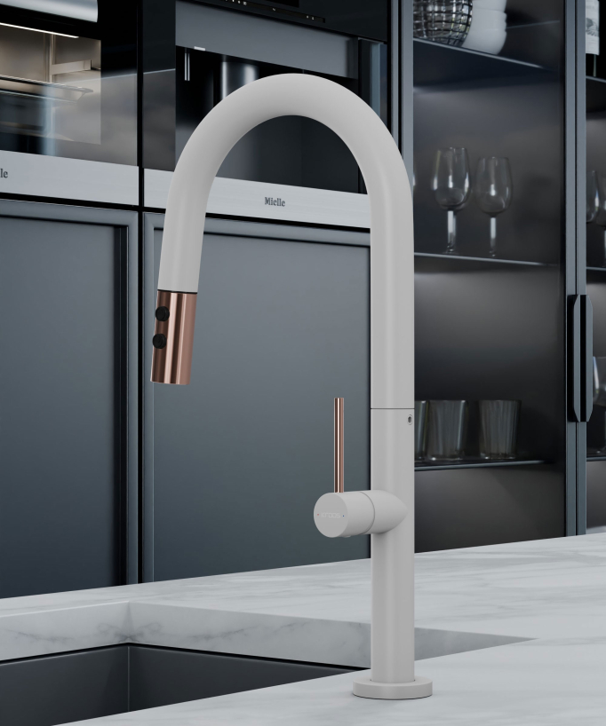 Mitigeur évier moderne avec douchette extractible - Blanc, Or rose