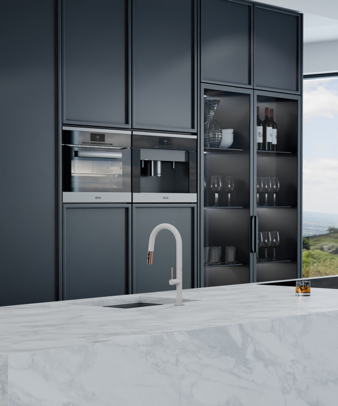 Mitigeur évier moderne avec douchette extractible - Blanc, Or rose