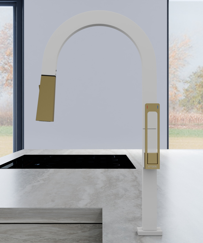 Mitigeur d'évier haut moderne avec douchette - Blanc, Or