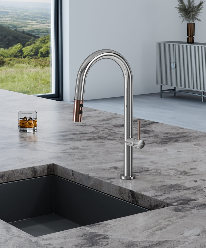 Mitigeur évier moderne avec douchette extractible - Chromé et Or rose